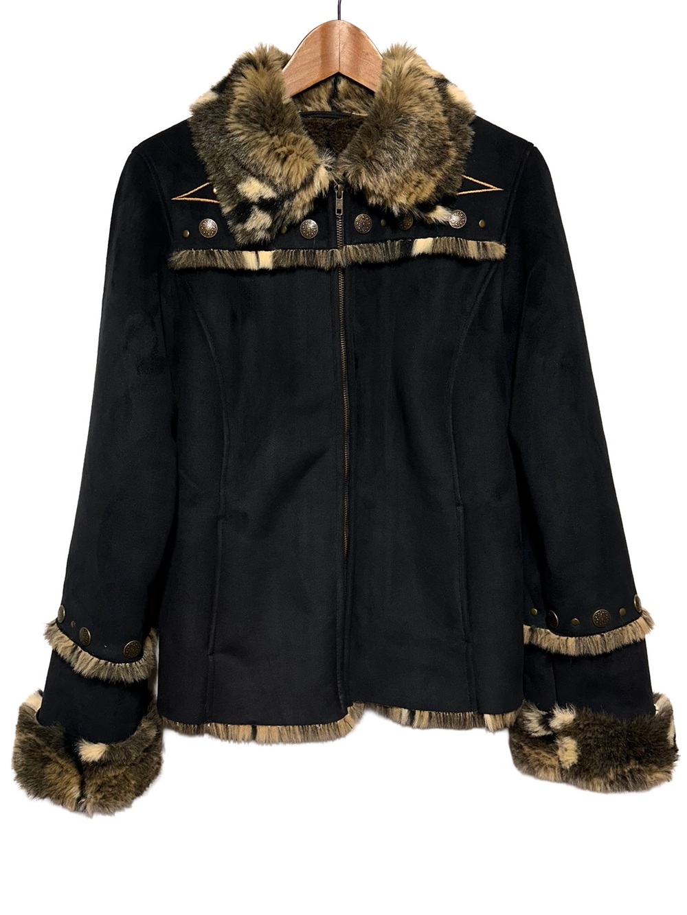 Black Faux Fur Studded Concho Jacket Western Cowgirl Y2K Apres Ski  Ranchcore M